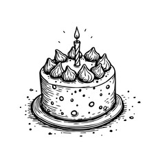 Celebratory cake with a single candle, handcrafted sketch for festive design and decorative