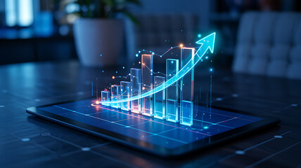A financial chart with a growth arrow is displayed on a laptop screen, symbolizing business success and data reporting