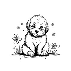 Charming fluffy puppy illustration sitting amid whimsical flowers a monochrome sketch perfect for
