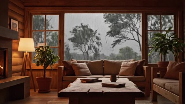 Rustic cabin living room with sofa and large window view 
