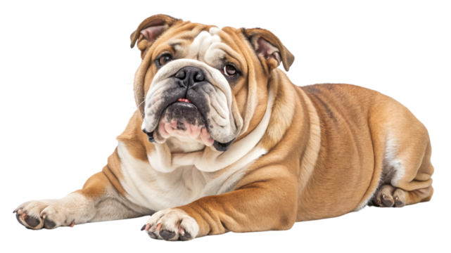 english bulldog puppy , front facing bulldog laying isolated on transparent background