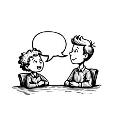 Conversation between two young individuals with blank speech bubble offering space for dialogue