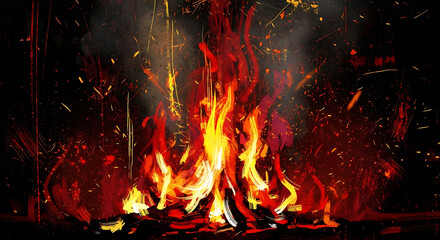 Vibrant, blazing campfire with bright orange and red flames, scattering glowing sparks and rising smoke against a dark background.