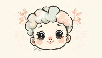 Fototapeta premium Adorable kawaii child face illustration featuring soft pastel tones, large sparkling eyes, and floral accents within the background, creating the sweet and playful atmosphere