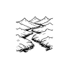 Drawn landscape illustration showcasing mountains with winding rivers creating a serene and