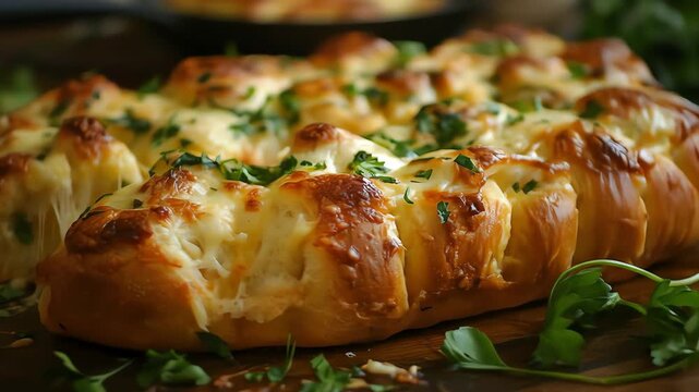 Cheesy garlic bread with parsley on a wooden board