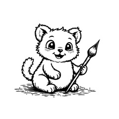 Enchanting feline artist with a mischievous grin holding a paintbrush in a playful hand-drawn
