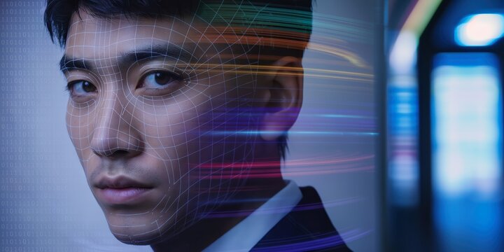 Close-Up Portrait of an Asian Man With a Digital Facial Recognition Grid Data Light Trails: AI, Biometric Security, Identity Verification, Human Face Integrated With Digital Information, Binary Code