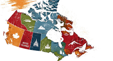 Colorful map of Canada's provinces and territories, showcasing diverse regional symbols.