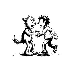 Furry creature encounters terrified kid cartoon depiction depicting awkward first contact and a