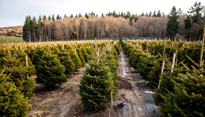 Obraz premium Rows of young Christmas trees in a plantation