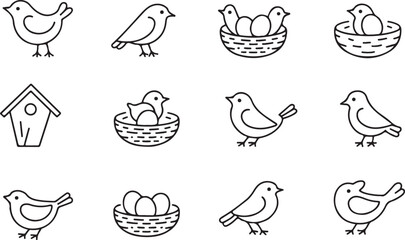 Hand-drawn Birds with Nests and Eggs in Simple Line Style