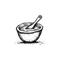 Hand drawn textured depiction of a bowl with liquid and spoon offering simplicity and rustic charm