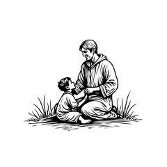 Heartwarming illustration of familial love a father and son bonding outdoors in a serene setting