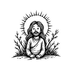 Illustration of a man with long hair and beard surrounded by radiating light in nature setting