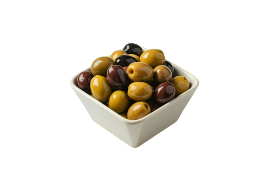 Bowl of mixed green and black olives isolated on transparent background