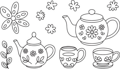 Collection of Floral Teapots and Teacups in Simple Line Drawing