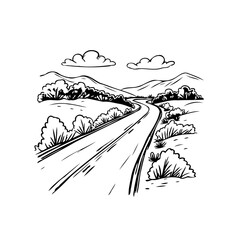 Naklejka premium Ink drawing depicts a serene countryside route winding through hills under fluffy clouds evoking
