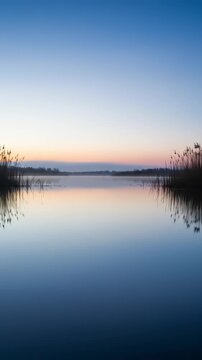 Serene twilight over a calm lake reflecting the colorful sky and surrounding vegetation at dusk