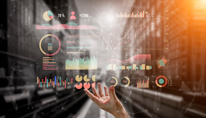 Dynamic abstract visualization of data analytics with colorful charts, metrics, and hand gesture in a modern urban environment. Ideal for business themes. Impute