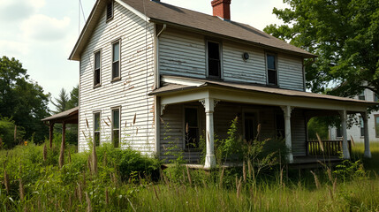 Exterior of abandoned weathered two-story farmhouse in disrepair with peeling paint. Overgrown weeds surround house, conveying neglect, deterioration. Foreclosed home bank property waiting for