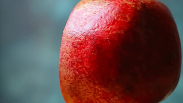 Closeup of a cut pomegranate with visible arils and textured peel