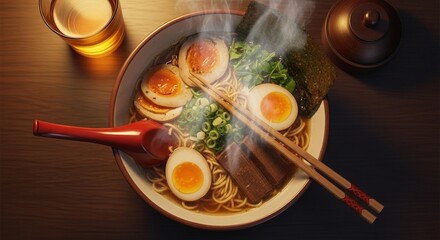 Authentic Japanese Ramen Bowl with Steam