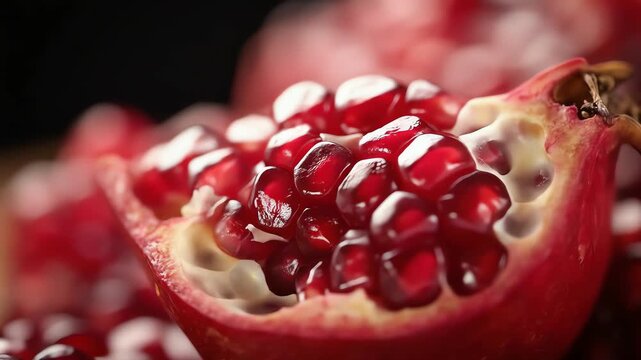 Closeup of a juicy pomegranate half with red arils