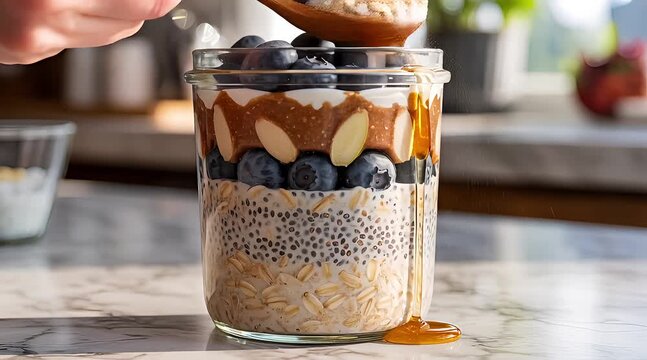 Overnight Oats Layered in Glass Ja; thick creamy oats layered with chia seeds, blueberries, and almond butter in a transparent glass jar.