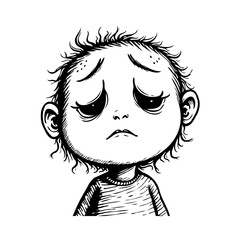 Melancholy child portrait in ink drawing style expressing sadness and loneliness in monochrome
