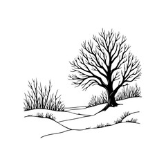 Minimalist depiction of a solitary tree standing in a snow-covered landscape conveying stark