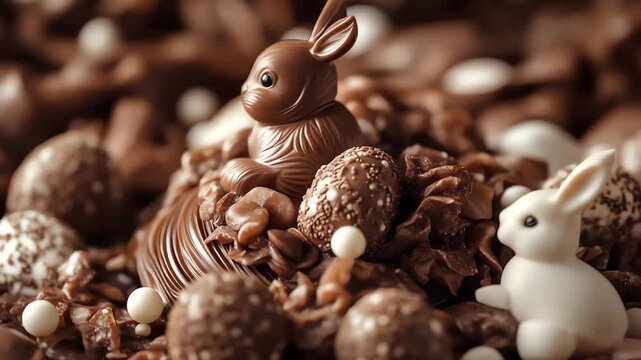 Closeup of chocolate Easter bunnies surrounded by candies and Easter eggs