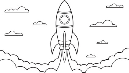 Space Rocket in a Black and White Illustration with Cosmic Elements