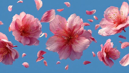 Pink cherry blossoms float against a clear blue sky