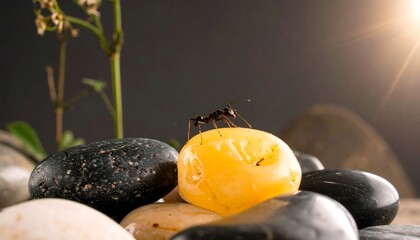 Close-up of an ant on a yellow stone amongst pebbles