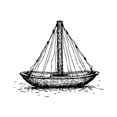Monochrome illustration of a simple sailboat with traditional rigging on isolated white background