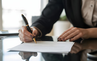A person in a suit writing on a blank sheet of paper with a black and gold fountain pen on a desk
