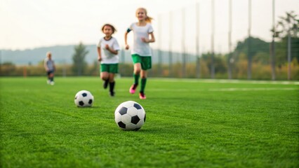 Fototapeta premium Kids running and kicking soccer balls on green field — improving teamwork and football skills