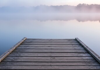 Obraz premium Mockup wooden dock on a misty lake at sunrise, serene morning atmosphere commercial usage