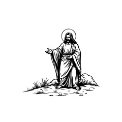 Religious figure depicted in monochrome standing on a plain with an ethereal halo above his head