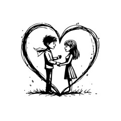 Romantic sketch depicting a young couple holding hands embraced by a heart shape concept of love