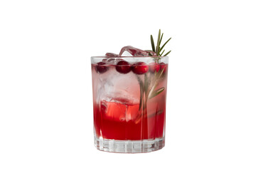 Cranberry cocktail with ice and rosemary isolated on transparent background