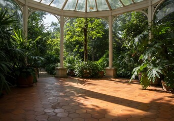 Mockup sunlit conservatory interior filled with lush green tropical plants commercial usage