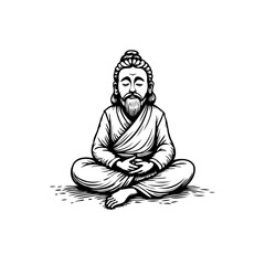 Serene monochrome depiction of a meditating sage figure in a peaceful pose bringing a sense of
