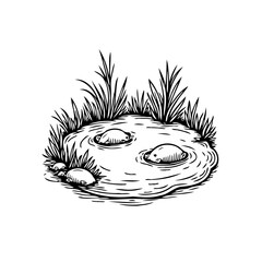 Serene pond illustration featuring rocks in rippling water and natural vegetation a quiet nature