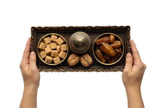 Hands holding a tray with dates, sugar cubes and nuts isolated on transparent background - Powered by Adobe