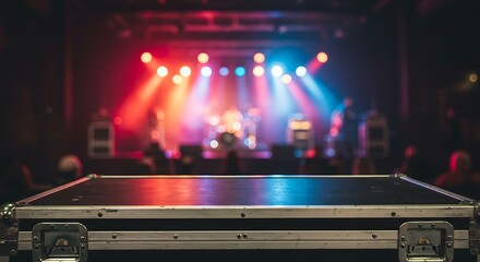 Mockup concert stage with colorful lights and equipment in the foreground commercial usage