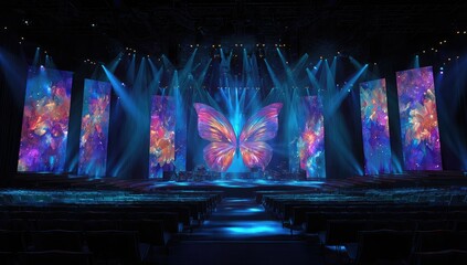 Grand stage with large screens, butterfly graphic, and spotlights