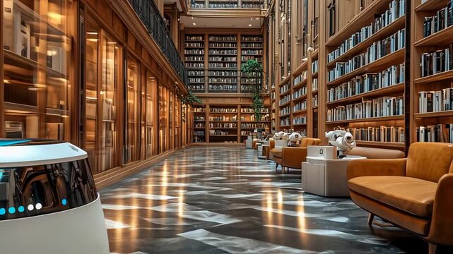 Futuristic AI Robot Glides Through a Grand, Modern Library, Blending Technology and Knowledge
