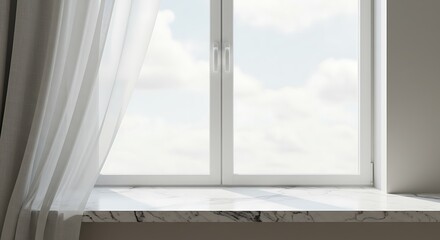 Obraz premium Mockup window with sheer curtain and view of sky and clouds commercial usage